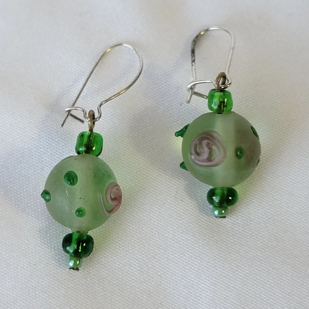 Green Glass Drop Earrings Lampwork Style